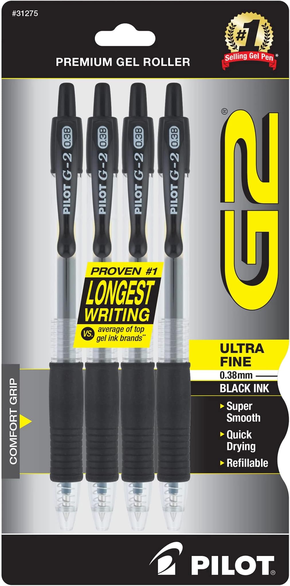 G2 Retractable Premium Gel Ink Roller Ball Pens, Ultra Fine Point, 4-Pack, Black Ink (31275)