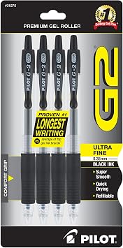 Pilot G2 Premium Refillable and Retractable Rolling Ball Gel Pens, Ultra Fine Point, Gel Ink Pens, 0.38mm, Black Ink, 4-Pack