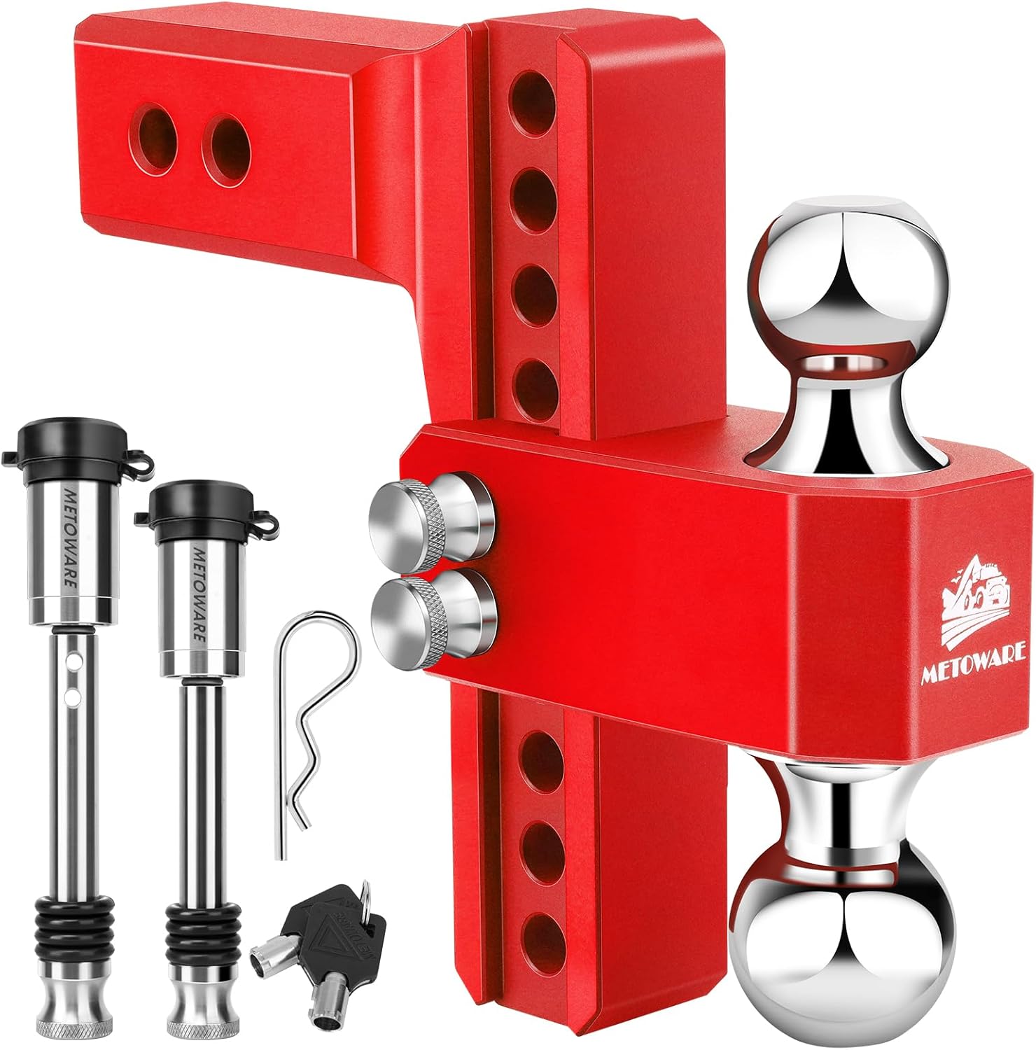 METOWARE Adjustable Trailer Hitch for 2.5 Inch Receiver, 8" Drop/Rise Heavy Duty Aluminum Tow Hitch, 18,000 LBS GTW, Dual Ball (2" & 2-5/16"), Double Stainless Steel Locks & Hitch Pin (Red)
