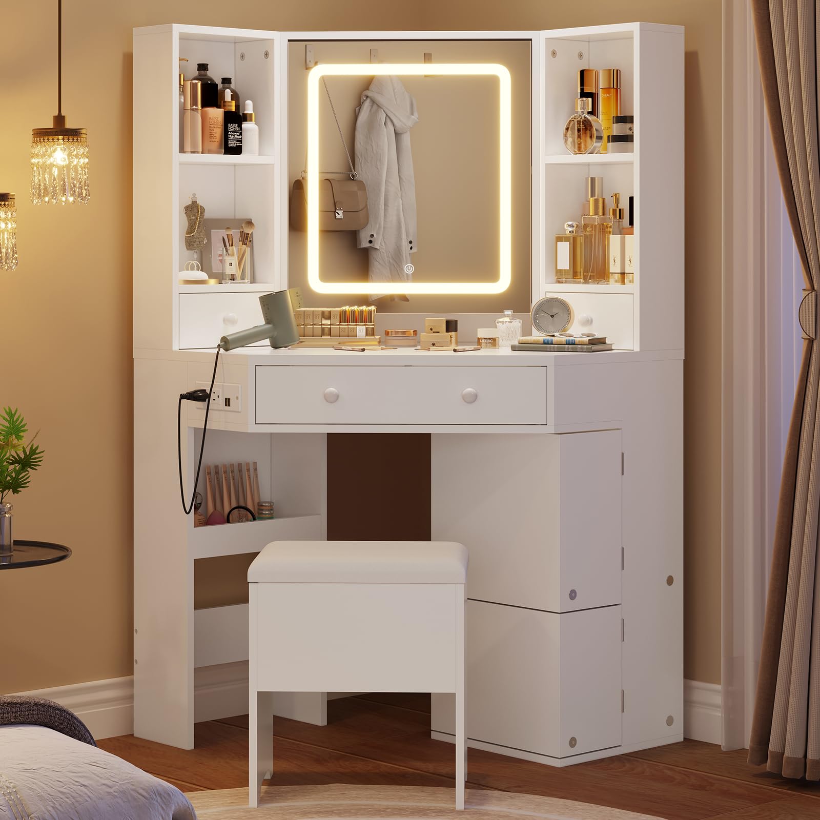 HAUOMS Corner Vanity Desk, Makeup Vanity with Mirror & Lights, Vanity Table with Rotating Shelves, Charging Station, Drawers & Storage Stool, 3 Light Settings, Modern White