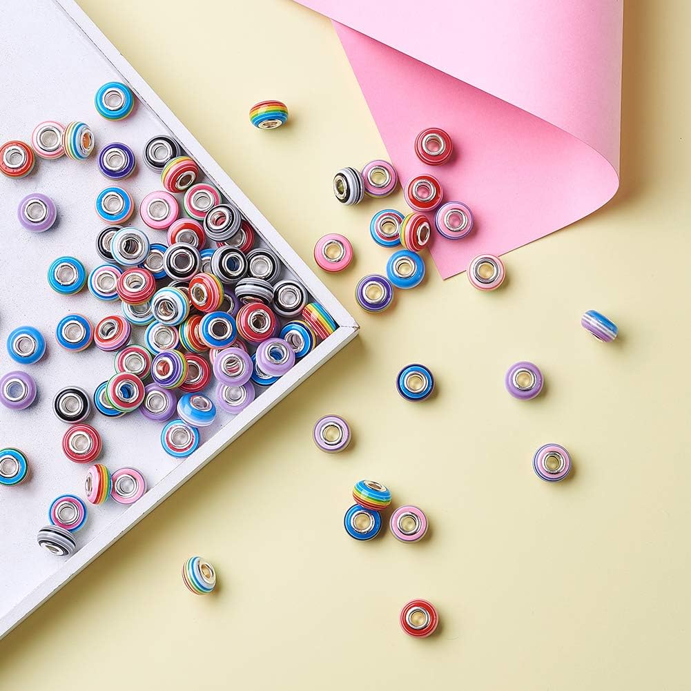 PandaHall 100pcs Large Hole Resin European Beads 14x8~8.5mm Colorful Stripe Rondelle Spacer Loose Beads with Silver Color Core Fit European Snake Chain Charm Bracelets - Image 5