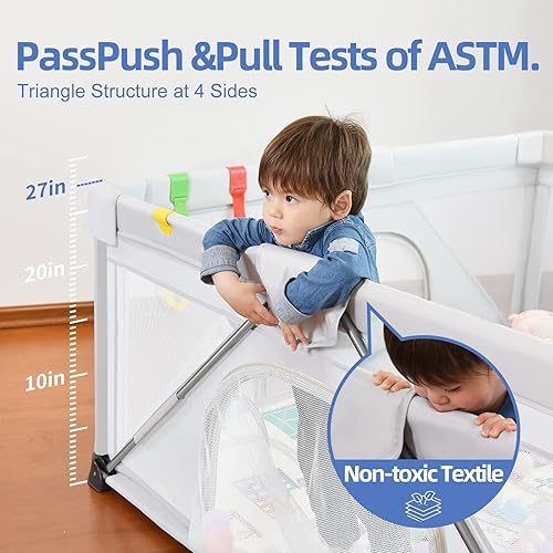 Miniatura 5 de Corralito plegable para bebés de 59 x 71 pulgadas, corralito iTiLike para bebés y niños pequeños con 50 bolas oceánicas y 4 asas, área de corral de