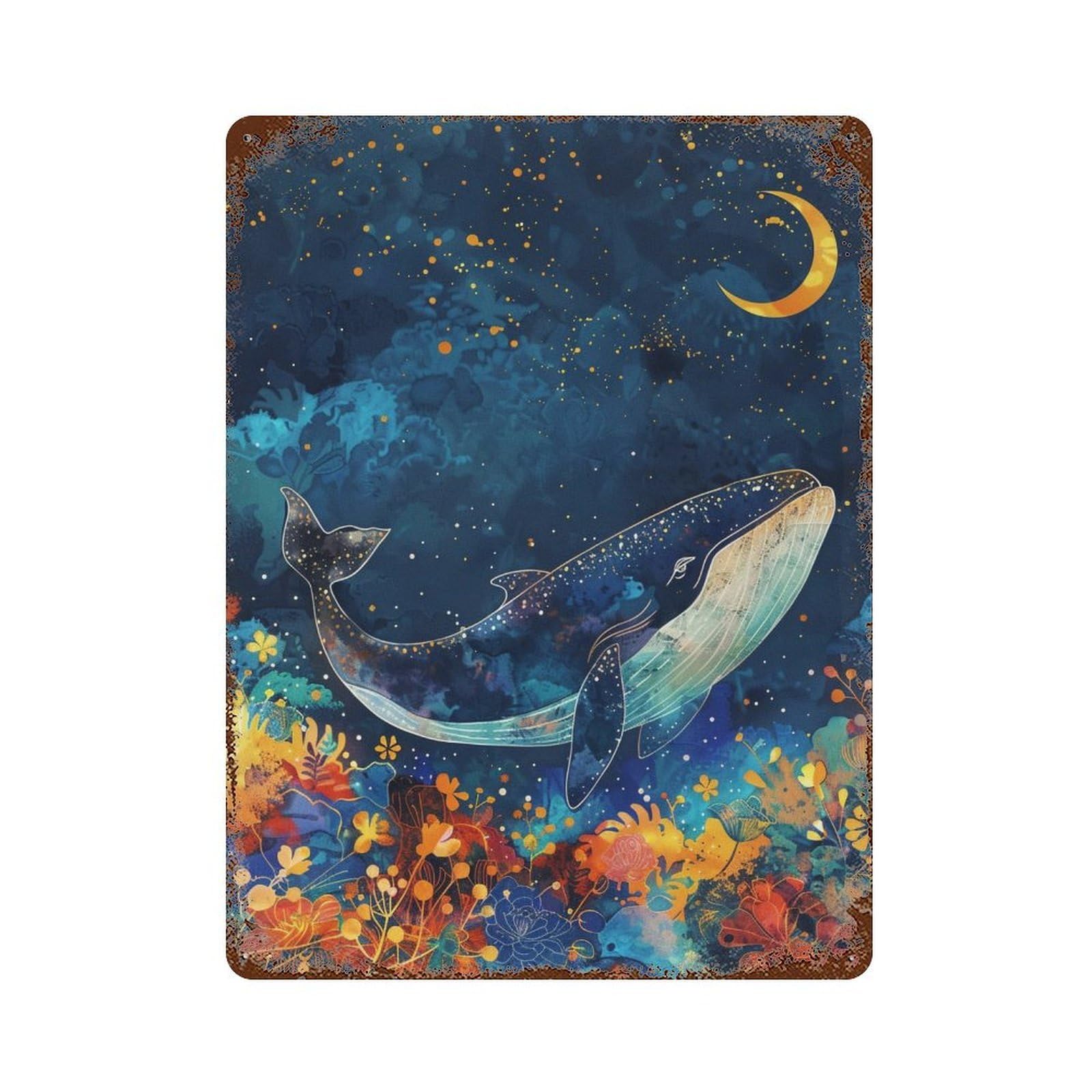 Distressed Metal Wall Sign with Whale Dreams Underwater-1 Design 15.7"x11.8", for Cafe, Home Bar And Lounge Decor, Retro Wall Decor