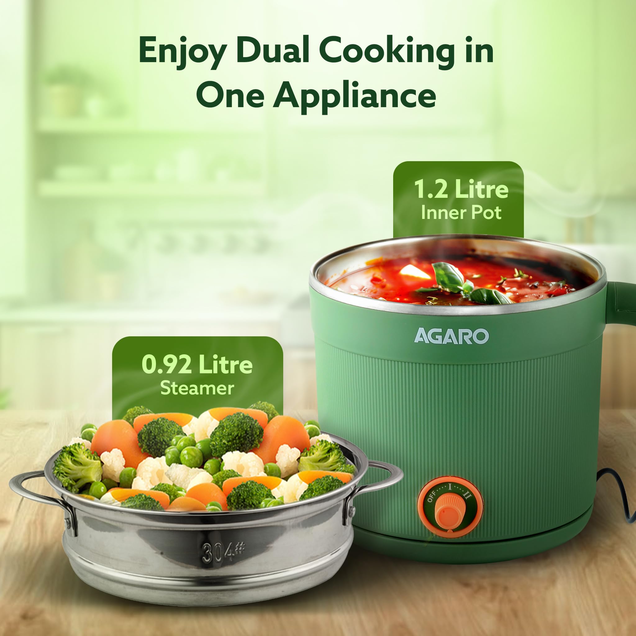 AGARO Regency Multipurpose Kettle With Steamer, 1.2L Inner Pot, Double Layered Body, Variable Temperature Settings, Wide Mouth, Boiling, Steaming, Tea, Coffee, Egg, Vegetable Boiling, 600W, Sea Green