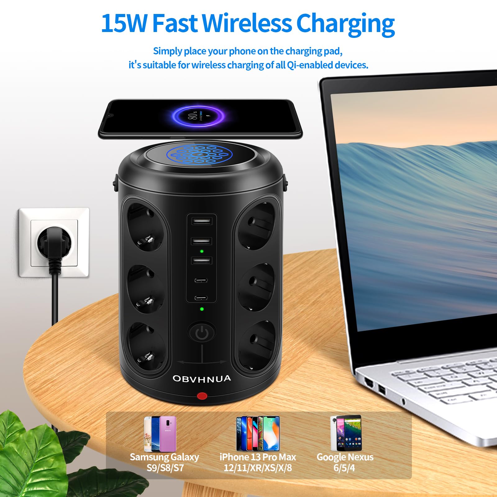 OBVHNUA Torretta Multipresa Verticale, Ciabatta Elettrica, 12 Prese CA 3 Porte di Ricarica USB-A e 2 Porta USB-C con Ricarica Wireless Ciabatta per Viaggi in Ufficio Casa, 2500W/15A