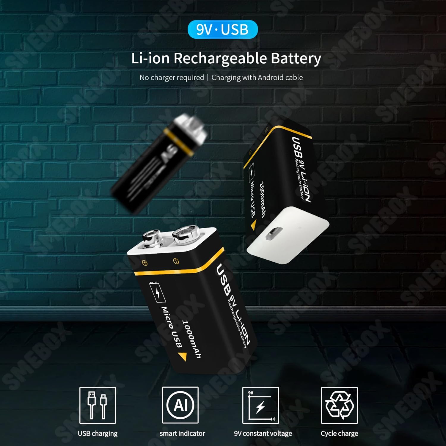 Baterías Recargables de 9V 1000mAh de Alta Capacidad Recarga USB con Cable para Detectores Humo, Multímetros, Control Remoto, Guitarra Eléctrica, Micrófono Inalámbrico (8 Piezas)