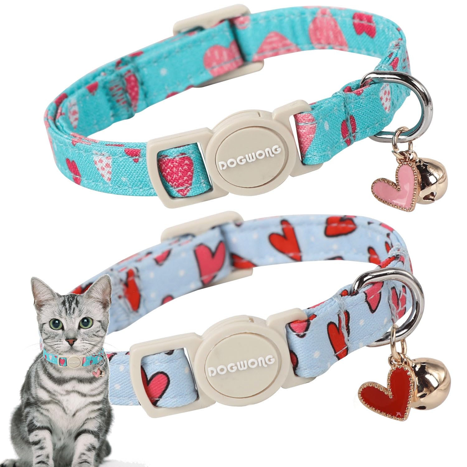 Cat Collar,2 Pack Cat Collars Breakaway with Bell, DOGWONG Safety Buckle Valentine's Day Cat Collar Blue Heart for Girl Boy Cats and Small Dogs，