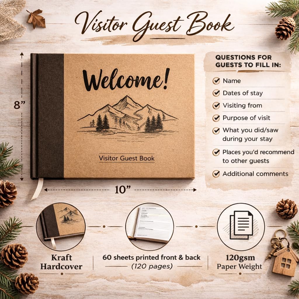 Paper 'n Such Cabin Guest Book for Vacation Homes and Short Term Rentals -Kraft Hardcover - Airbnb Essentials for Hosts- Visitor Sign in Journal Guesthouse Welcome Log