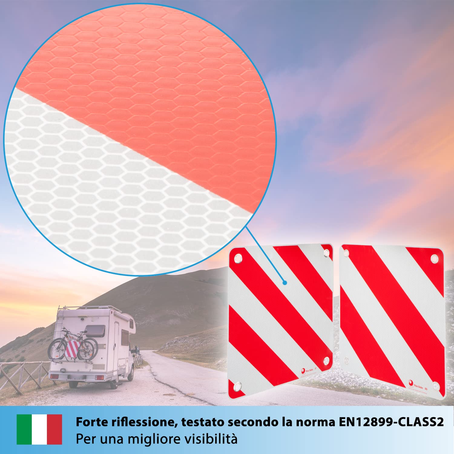 valonic cartello carichi sporgenti - 3in1 per Italia, Spagna e Portogallo - 50x50cm, riflettente, per camper, caravan, portabiciclette, portapacchi posteriore