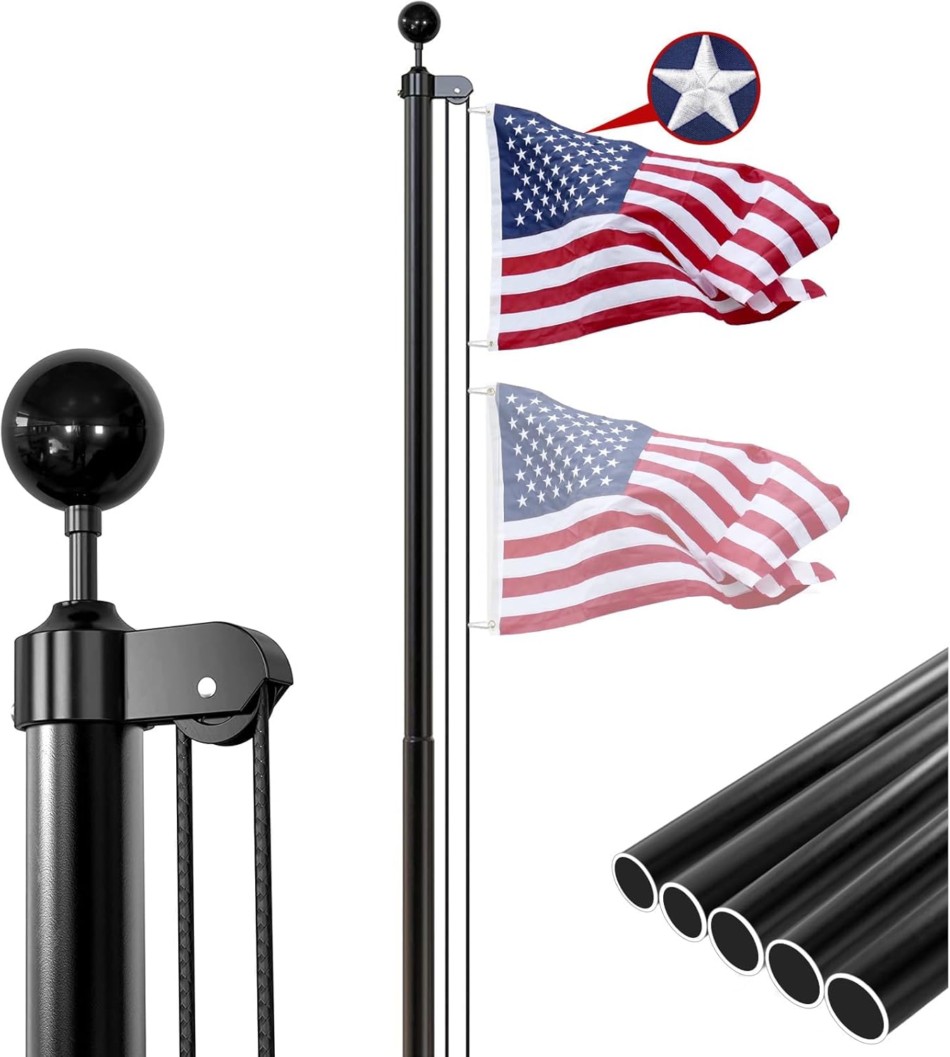 iElyiEsy 25FT Heavy Duty Flag Pole with Aluminum Ball,12 Gauge Thickness,Extra Thick Aluminum Flagpole Kit for Outside House In Ground, 3x5 American Flag,Black,100MPH Wind Tested