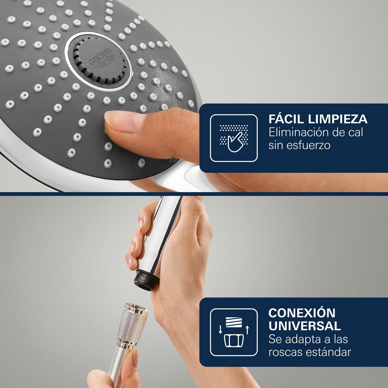GROHE Vitalio Joy 110- Conjunto de ducha (teleducha 11 cm con 3 chorros, barra ducha 62 cm, soportes de pared metal, flexo 1,75 m, menor consumo agua, instalación QuickGlue), cromo, 27333000