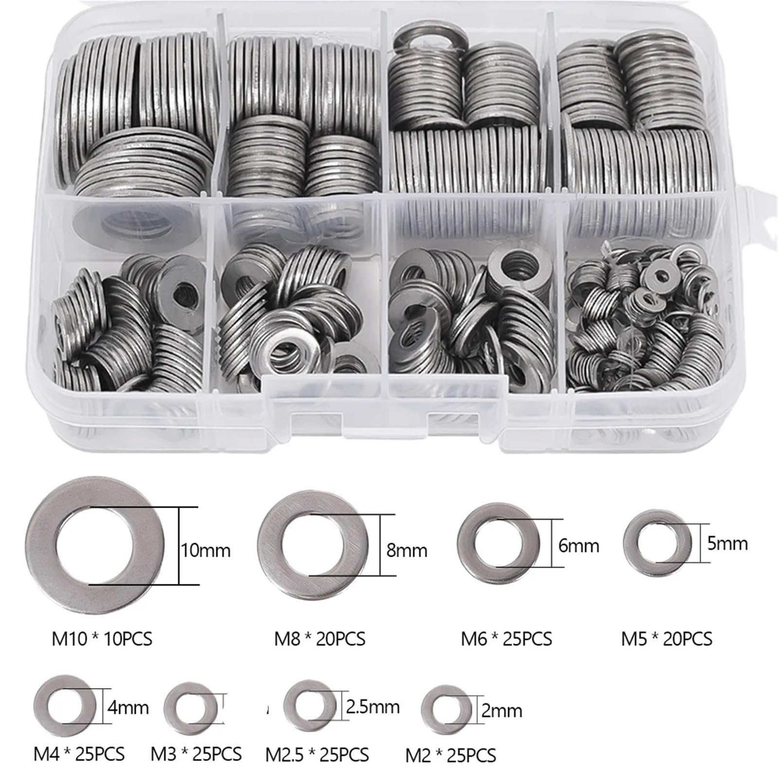 360/580/684/900/1080 Piezas Juego De Arandelas Planas Acero Inoxidable M2-M16 Pernos Junta Tórica Juntas Lisas Kits para Tornillos(580Pcs with box)