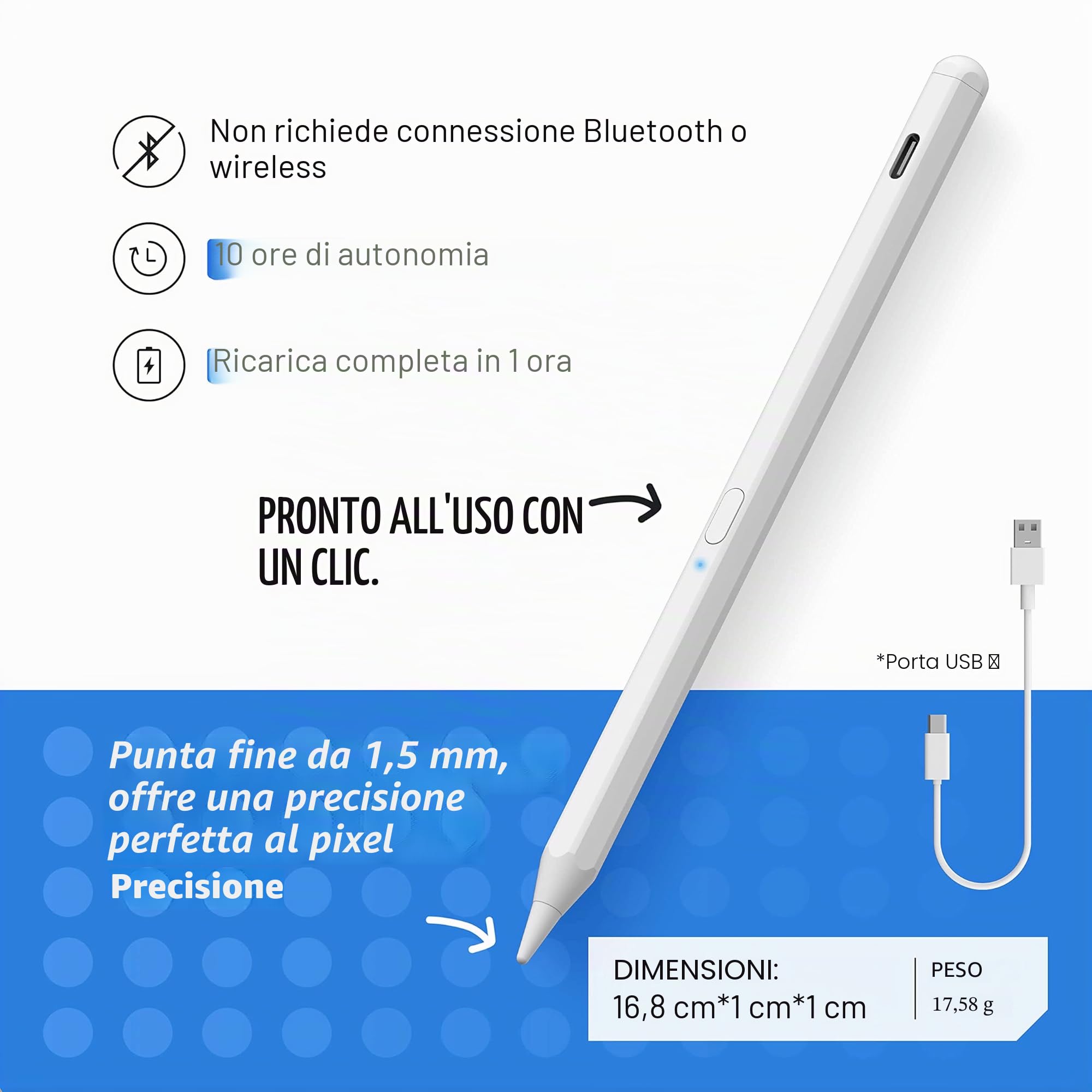 Penna Stilo per Apple iPad (2018-2024) con Sensibile all'inclinazione, Magnetica, Compatibile iPad 6/7/8/9/10/Pro/Air/Mini