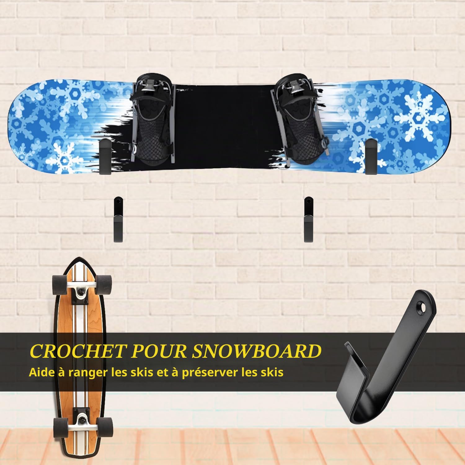 2 Paires Supports Muraux Pour Skate/Snowboard – Acier, Charge 25kg, Vis Incluses, Convient Skateboards/Longboards/Wakeboards