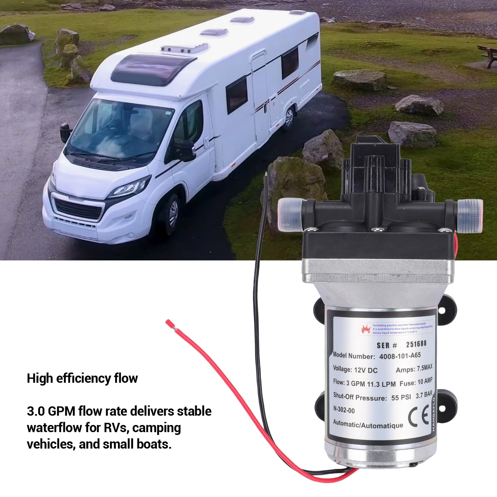 Jiawu Bomba de Agua Silenciosa para Vehículos Recreativos de 3,0 GPM para Vehículos de Acampada | Bomba de Agua Marina Autocebante de 12 V para Remolques | Metal Plata