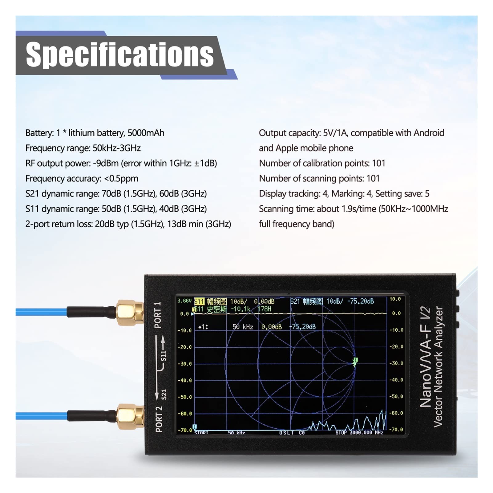 Spektrumanalysator, 4,3 Zoll IPS LCD Screen 3G Vektor -Netzwerkanalysator SAA-2N Nan OVNA-F V2 USB Antennenanalysator Shortwave HF VHF UHF S-A-A-2(2.8 Inch 1950mAh)