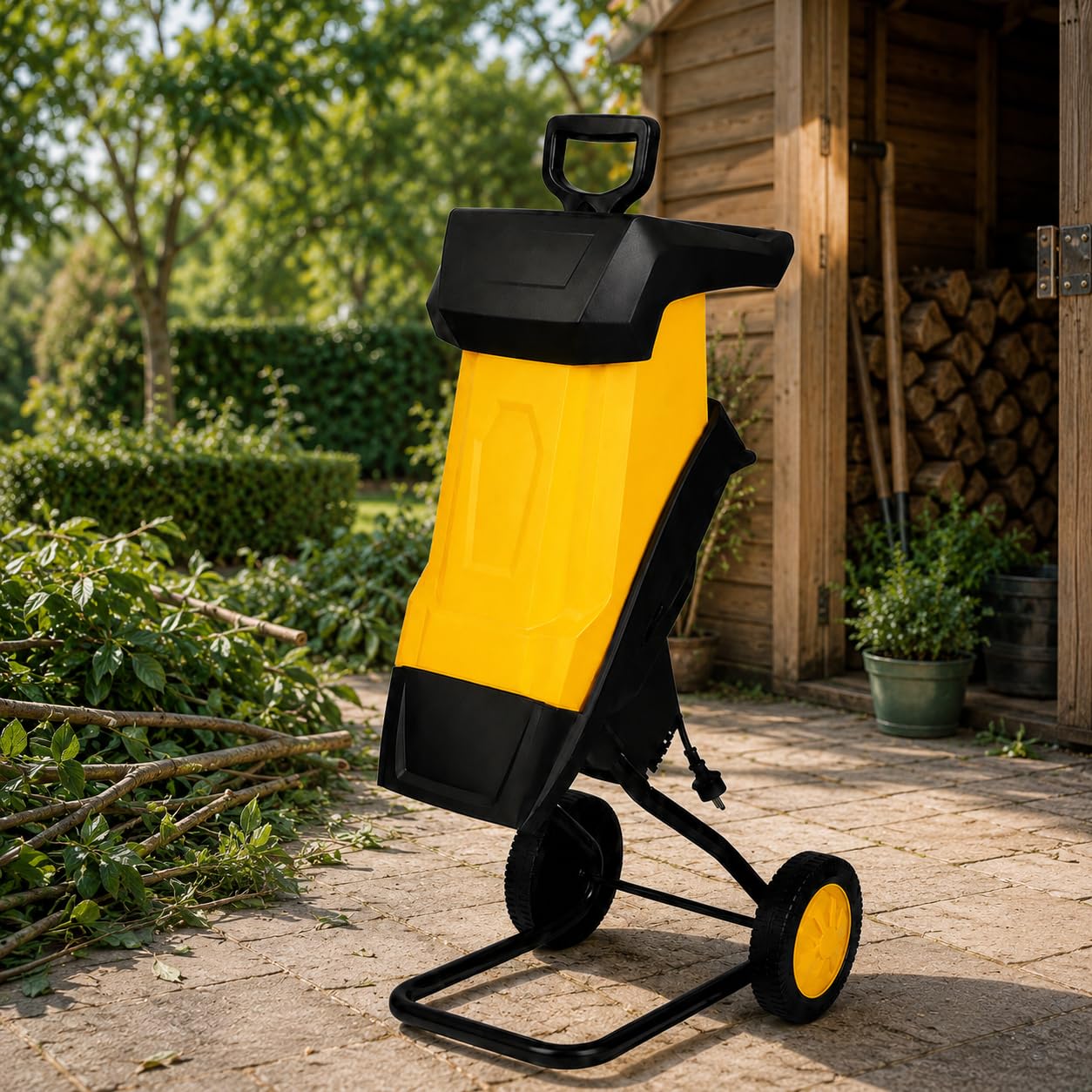 Trituradora de Jardín Eléctrica 2500 W 20m | Biotrituradora para Ramas, Ramitas y Setos hasta 40 mm, Motor de Cobre, Ruedas y Bolsa de Recogida