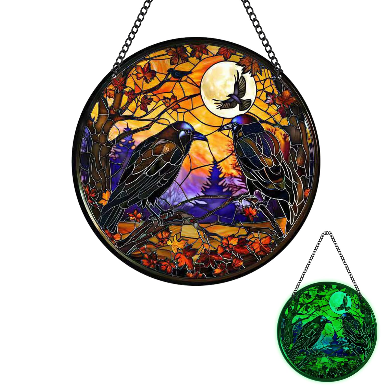 REAIJUNPIN Glow in The Dark Halloween Wall Decor,Luminous Crow Acrylic Window Hanging Ornament,Spooky Halloween Decor Window Display, Living Room,