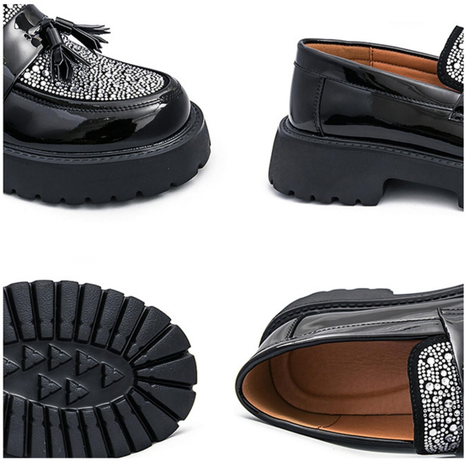 Mocasines Plataforma Piel Charol Hombre Zapatos Vestir Sin Cordones | Borla Brillante Con Purpurina, Puntera Redonda Y Ancha, Zapatos Formal Business Casual, Para Bodas Oficina
