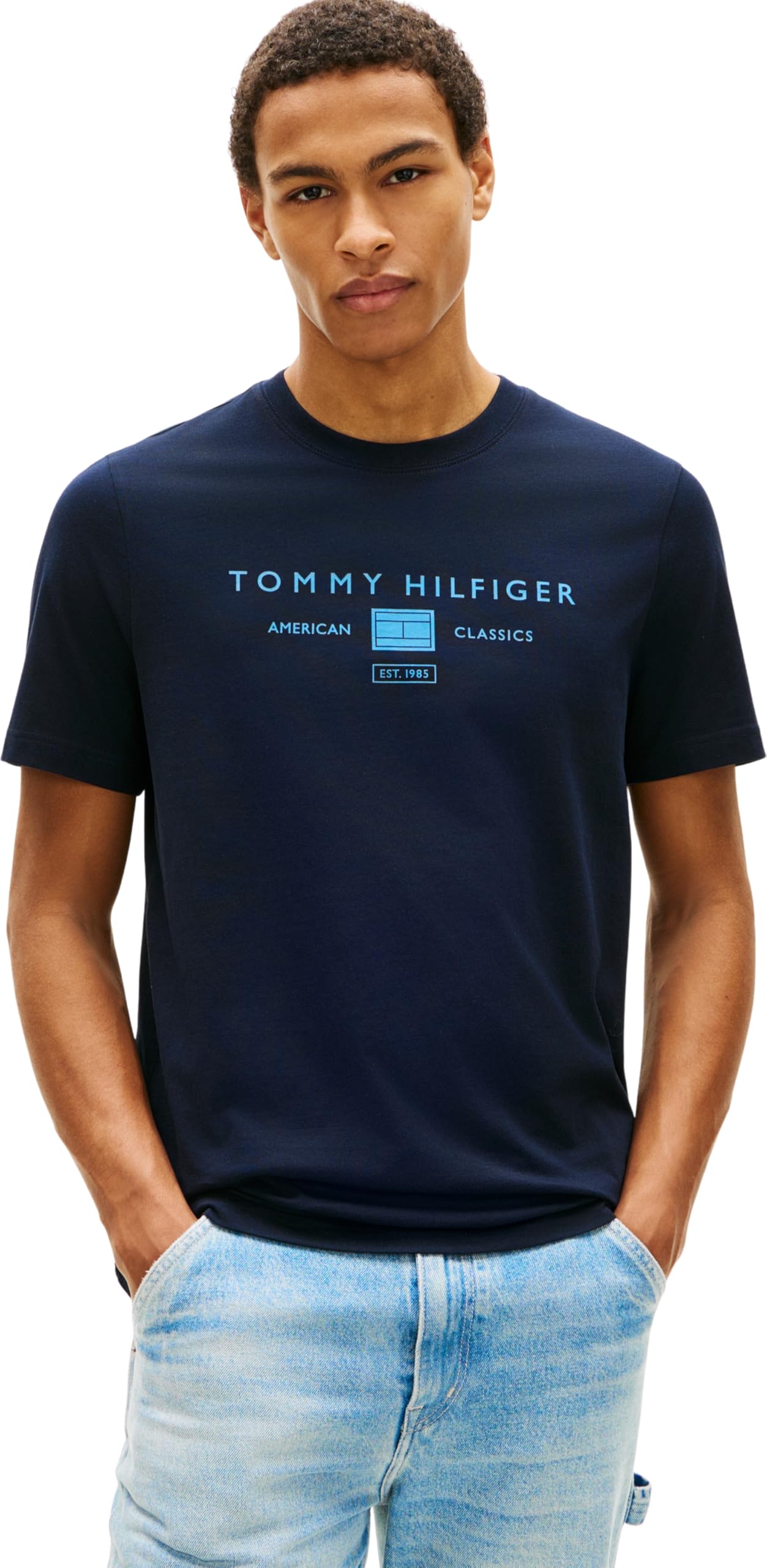 Tommy Hilfiger Men’s T-Shirt Short Sleeve Brand Love Mono Stack in Cotton, Blue (Desert Sky), M