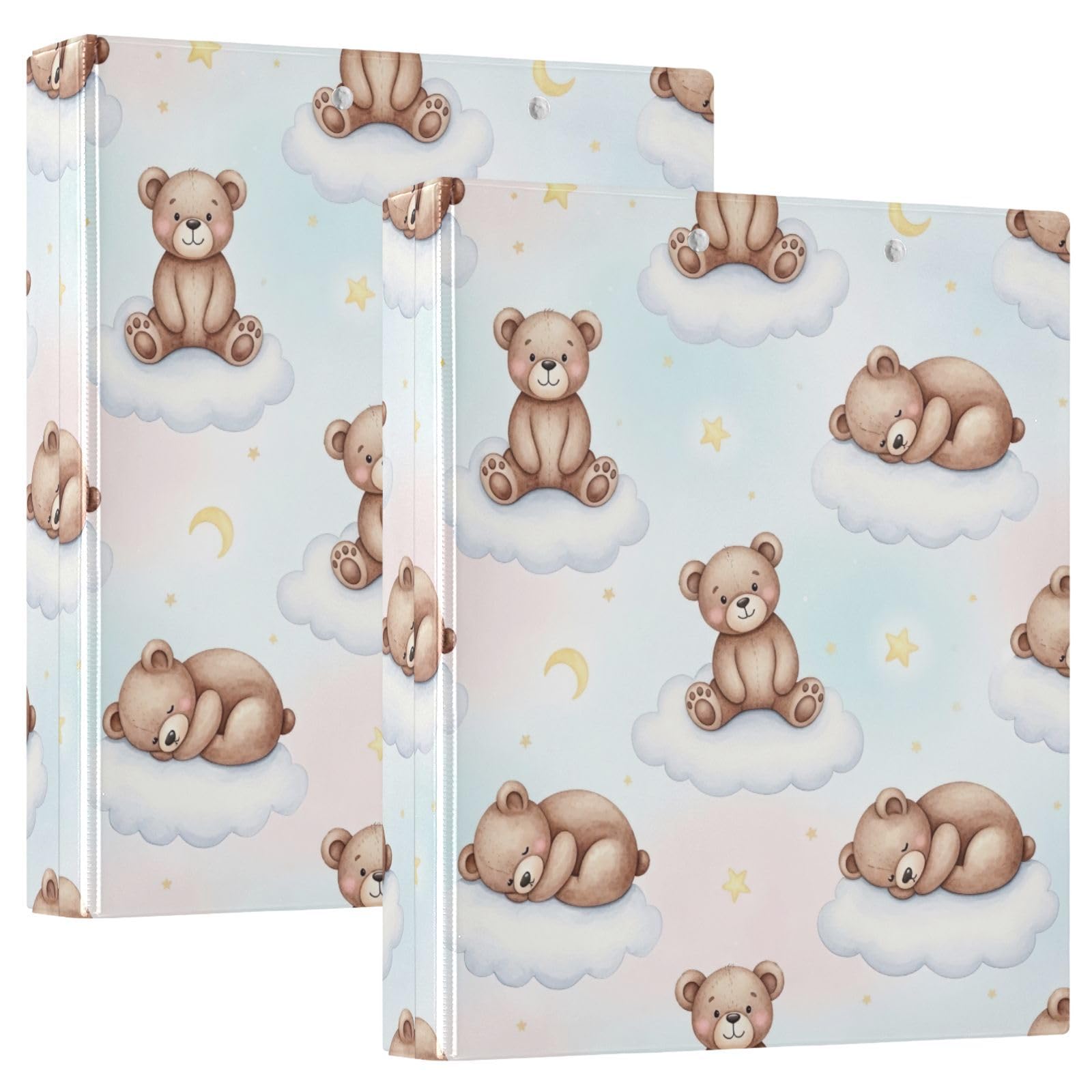 Confezione da 2 raccoglitori ad anelli a D con graziosi orsetti e nuvole, color pastello, con portablocco, grandi raccoglitori a 3 anelli, per scuola, università, ufficio