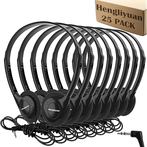 Bulk Headphones for Kids Classroom School 25 Pack K-12,Wholesale Wired On-Ear Headphones,Stereo Clear Sound,Student Earphones with 3.5mm Jack for Online Learning(HLY002 Black)