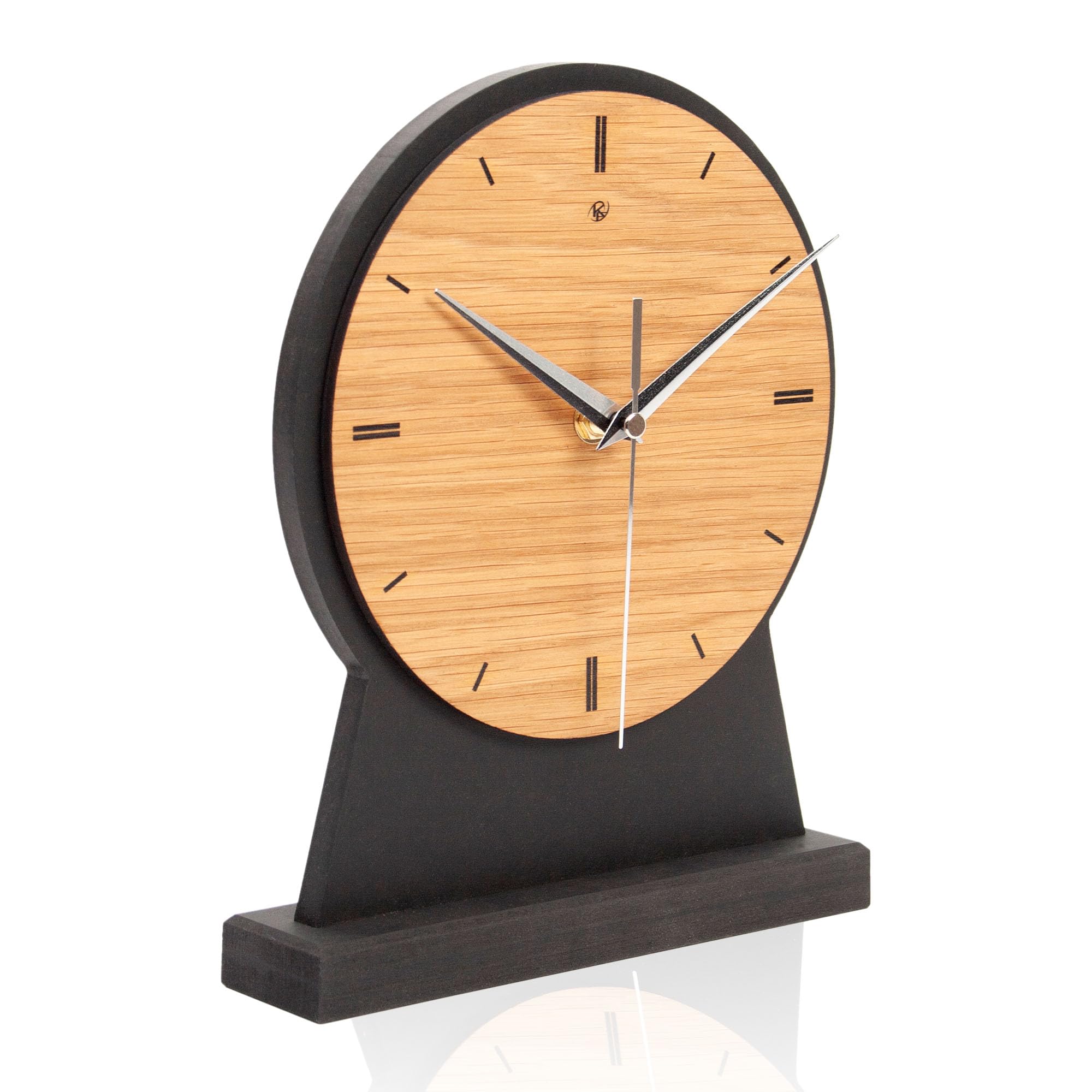 Kreative Feder Standuhr „Timeless Brown“ aus Holz – klassisch runde Tisch-Uhr ohne Ticken; Größe ca. 38,5x20x8,5cm (leises Funkuhrwerk)