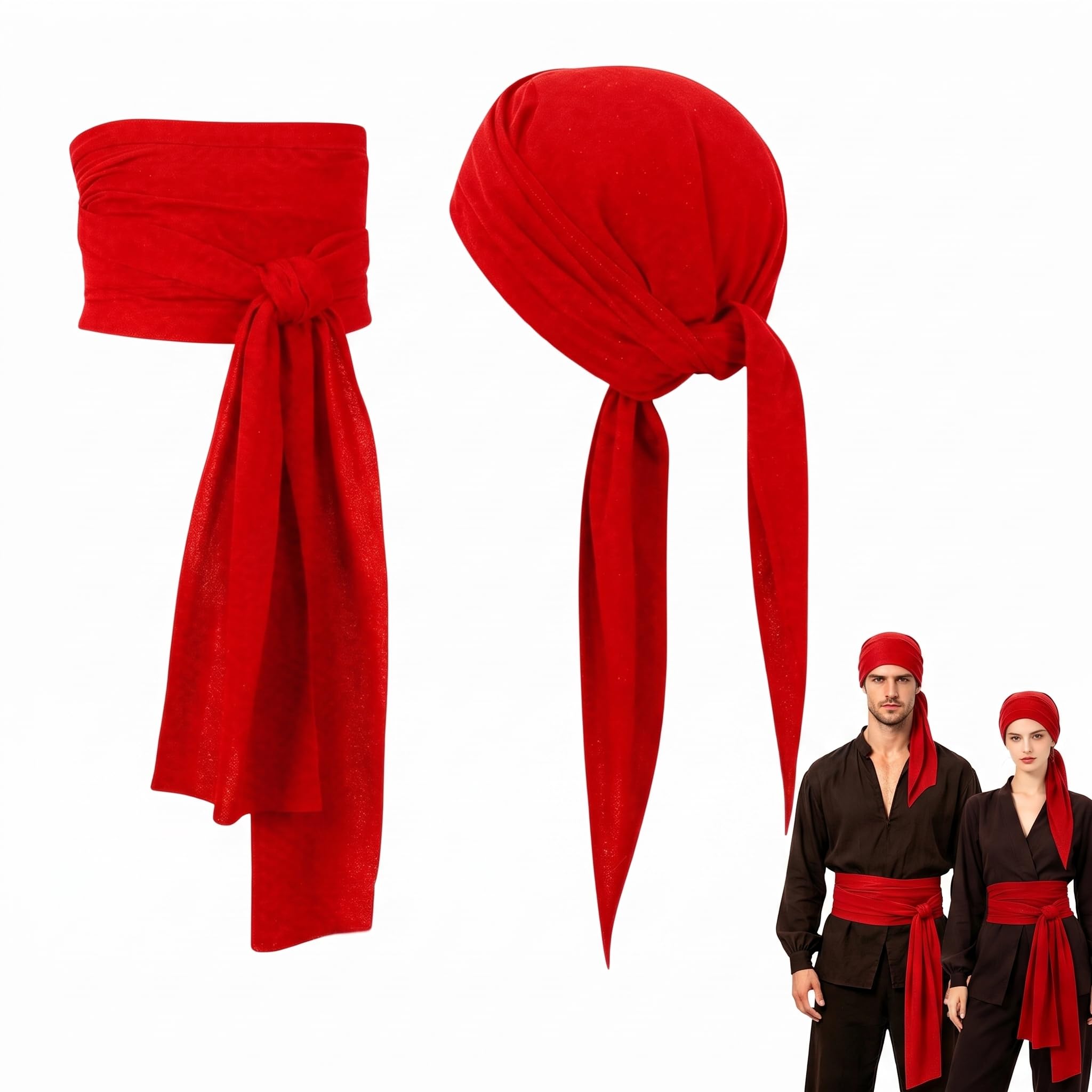 2Pcs Pirate Costume Accessories, Red Pirate Bandana Adjustable Sash Belt Set, Soft Breathable Fabric, One Size Fits Most for Adult Women Men, Halloween Party, Medieval Renaissance Pirate Cosplay
