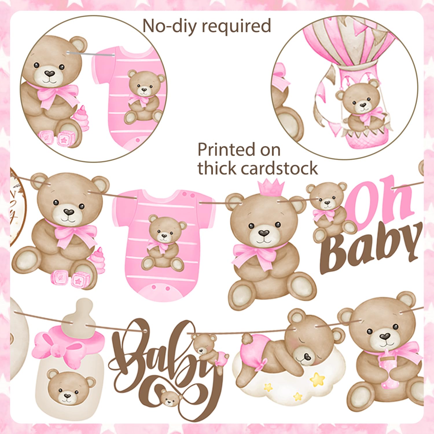 Pancartas rosas con texto en inglés "We Can Bearly Wait" para baby shower, decoración de fiesta de oso para baby shower, pancarta de oso de peluche para niñas, suministros de fiesta de cumpleaños