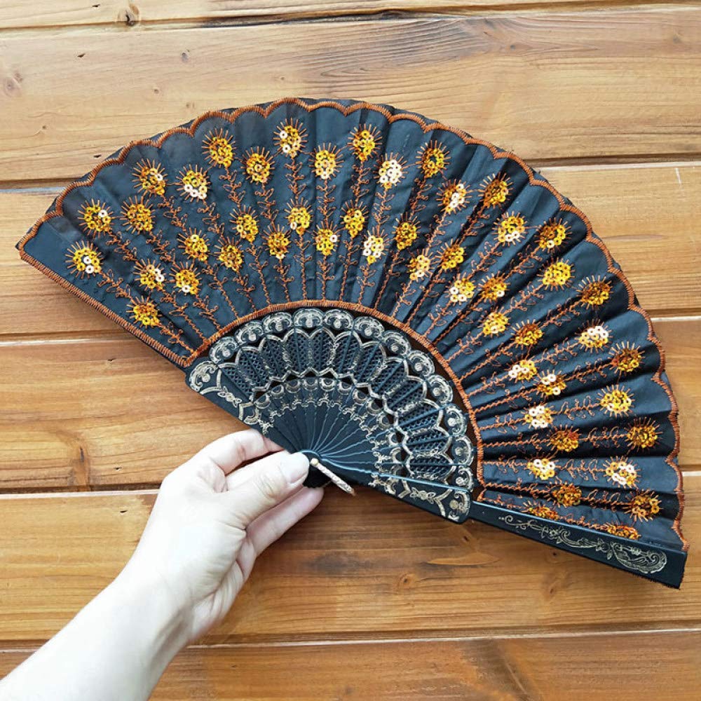 Abanico plegable con lentejuelas naranjas de pavo real chino