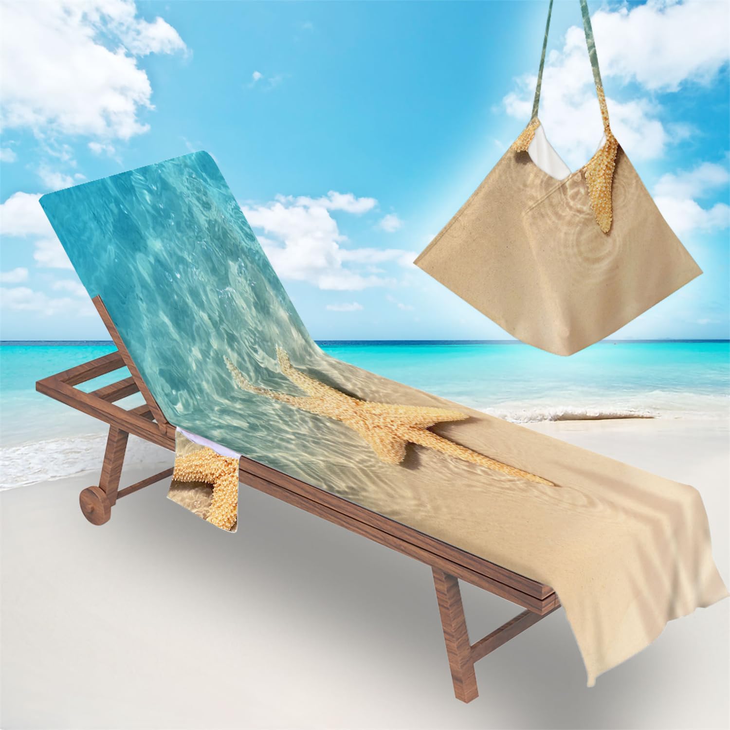 Surwin Telo Mare per Lettino, Stella Marina Microfibra Fodera per Sedia da Spiaggia con Tasche Laterali, Copri Lettino Mare per Asciugamano Piscina | 75x210cm, Verde