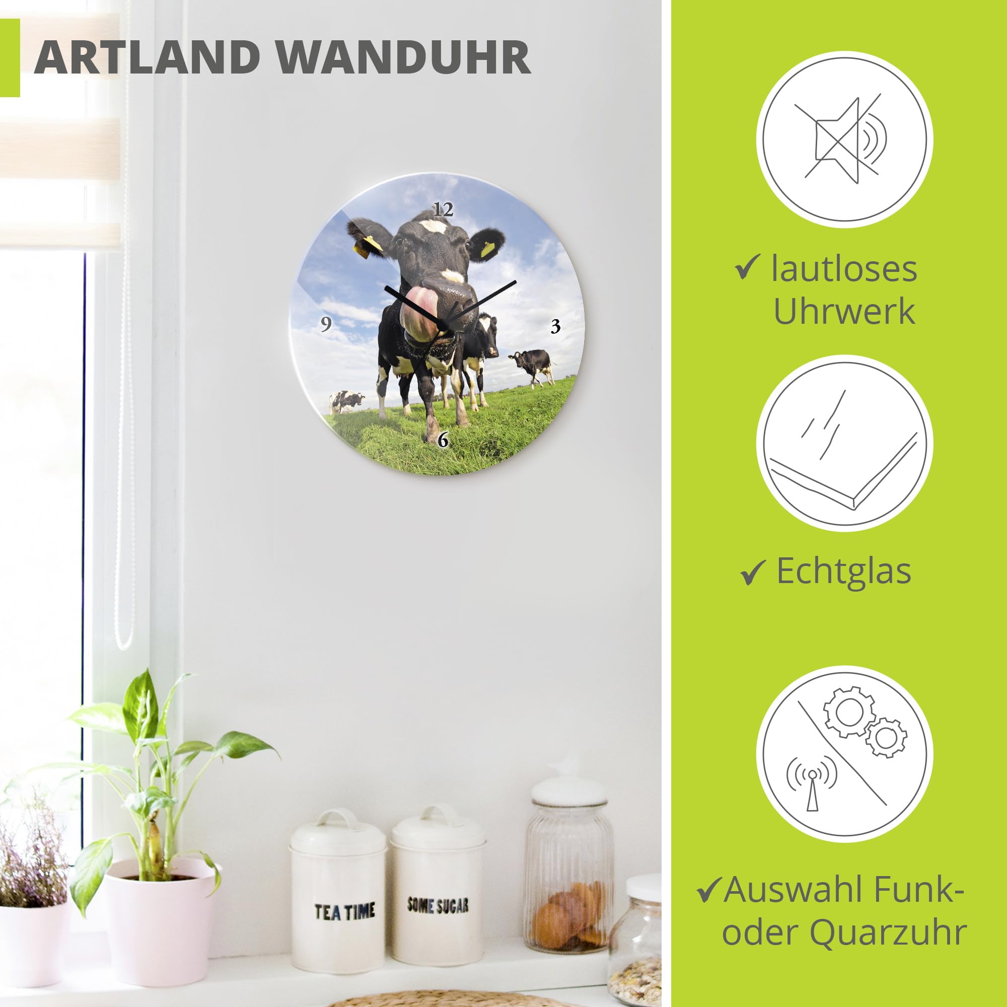 ARTLAND Wanddeko Wanduhr ohne Tickgeräusche Glas Funkuhr Ø 30 cm Rund Lautlos Tiere Kuh Lustig Ländlich Hipster Originell Landhaus T5WJ