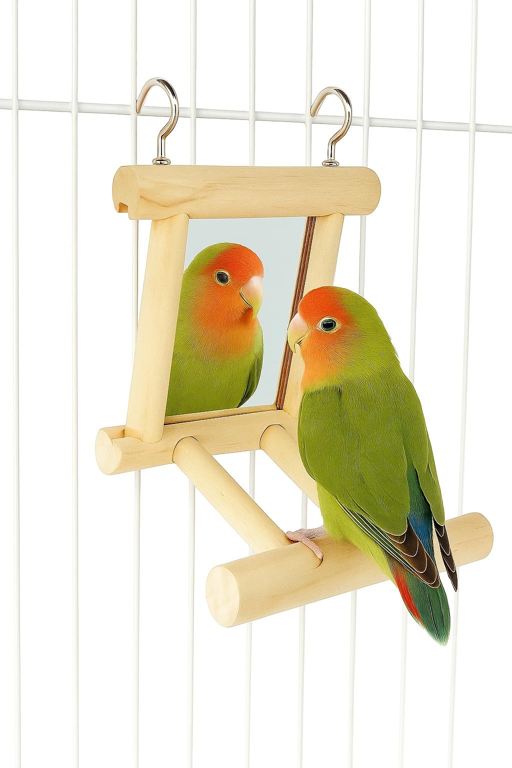 KSK 1 Pc Bird Mirror with Wooden Perch and Metal Hook – Hanging Swing Toy for Cage, Parrots, Budgies, Cockatiels, Lovebirds, Finches & Canaries (Small)
