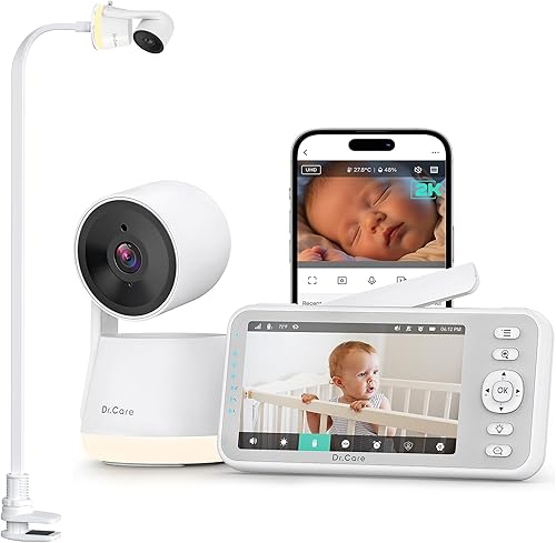 Dr.Care LumiView Monitor inteligente WiFi para bebé con soporte de clip, control de aplicación de cámara 2K y 1080P FHD de 5 pulgadas, modo de
