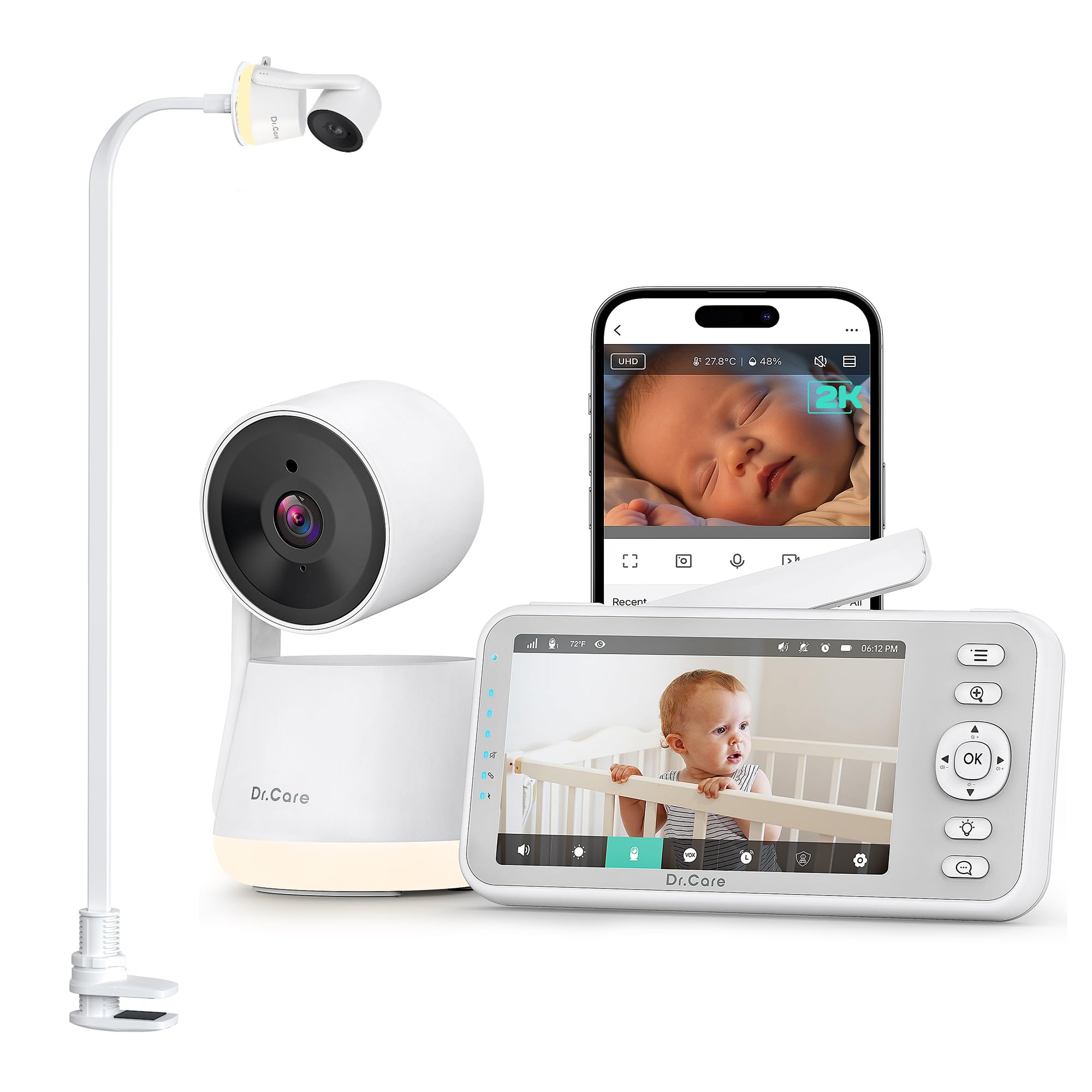 Dr.Care LumiView Babyphone Kamera mit Clip – WiFi Display 5 Zoll 2K FHD, App-Steuerung, Datenschutzmodus, 5000 mAh Akku, Geräusch-/Bewegungsmeldung