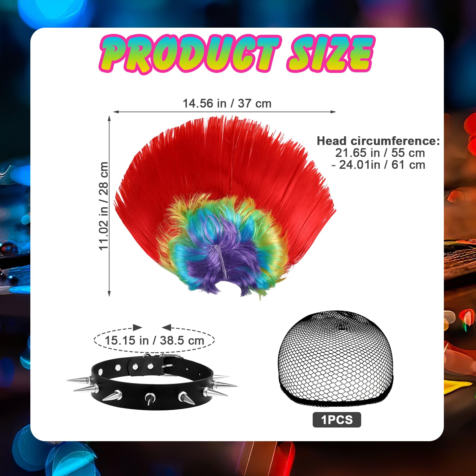 3Pcs Rainbow Wig for Men Women 80s Rocker Fancy Dress Wig with Adjustable Black Rivet Necklace Wig Cap Men’s Cosplay Synthetic Layered Hair Wigs for Costumes Cosplay Halloween Carnival Parties Anime - Image 4