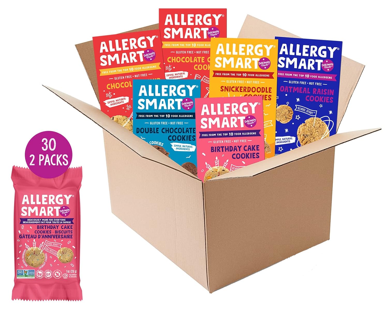 Allergy Smart Crunchy Vegan Cookies | Gluten Free, Nut Free, Egg Free, Soy Free, Dairy Free, Non GMO, Kosher | Delicious Plant Based School Snack for Kids & On the Go | 30 INDIVIDUALLY WRAPPED (1oz) 2 Packs | 6 Boxes ASSORTED Flavors