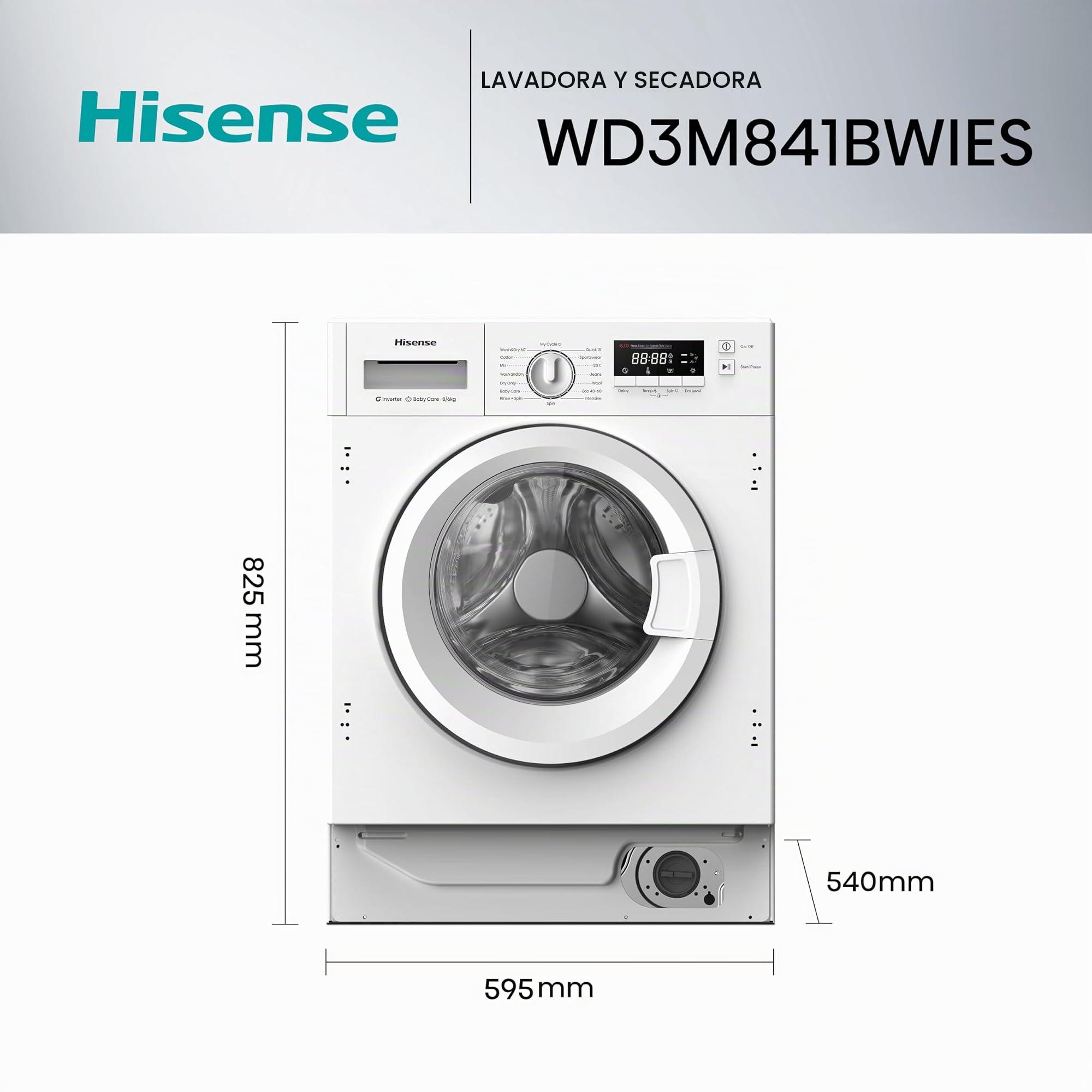 Hisense WD3M841BWIES - Lavasecadora, Clase E/B, 8kg/6 kg, Lavado Secado 1h, Pausar y Añadir, Finalización Diferida, Tecnología Inverter, Blanco