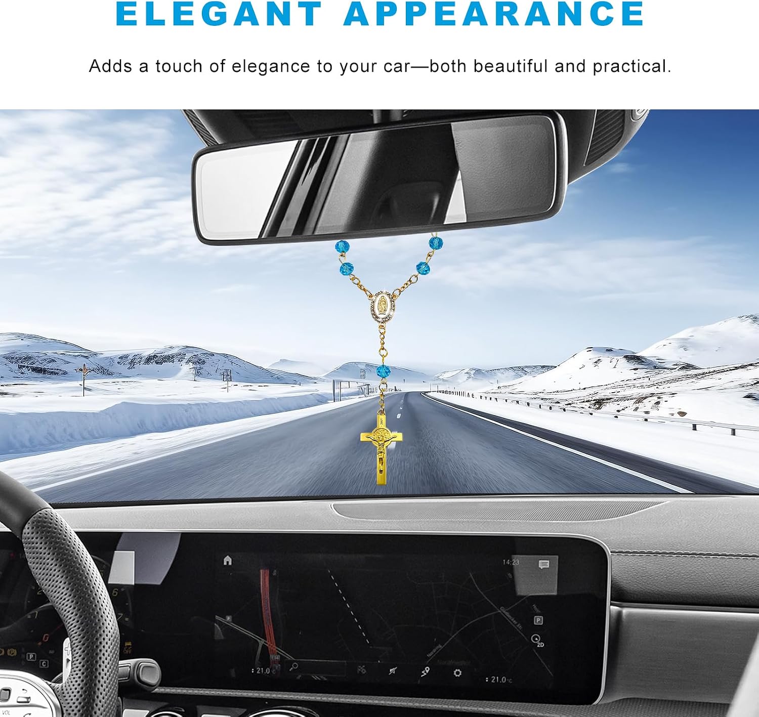 Car Rosary for Rearview Mirror, Religious Cross Bead Rear View Hanging Decor, Catholic Rosary Medal Ornament (Blue) image 3