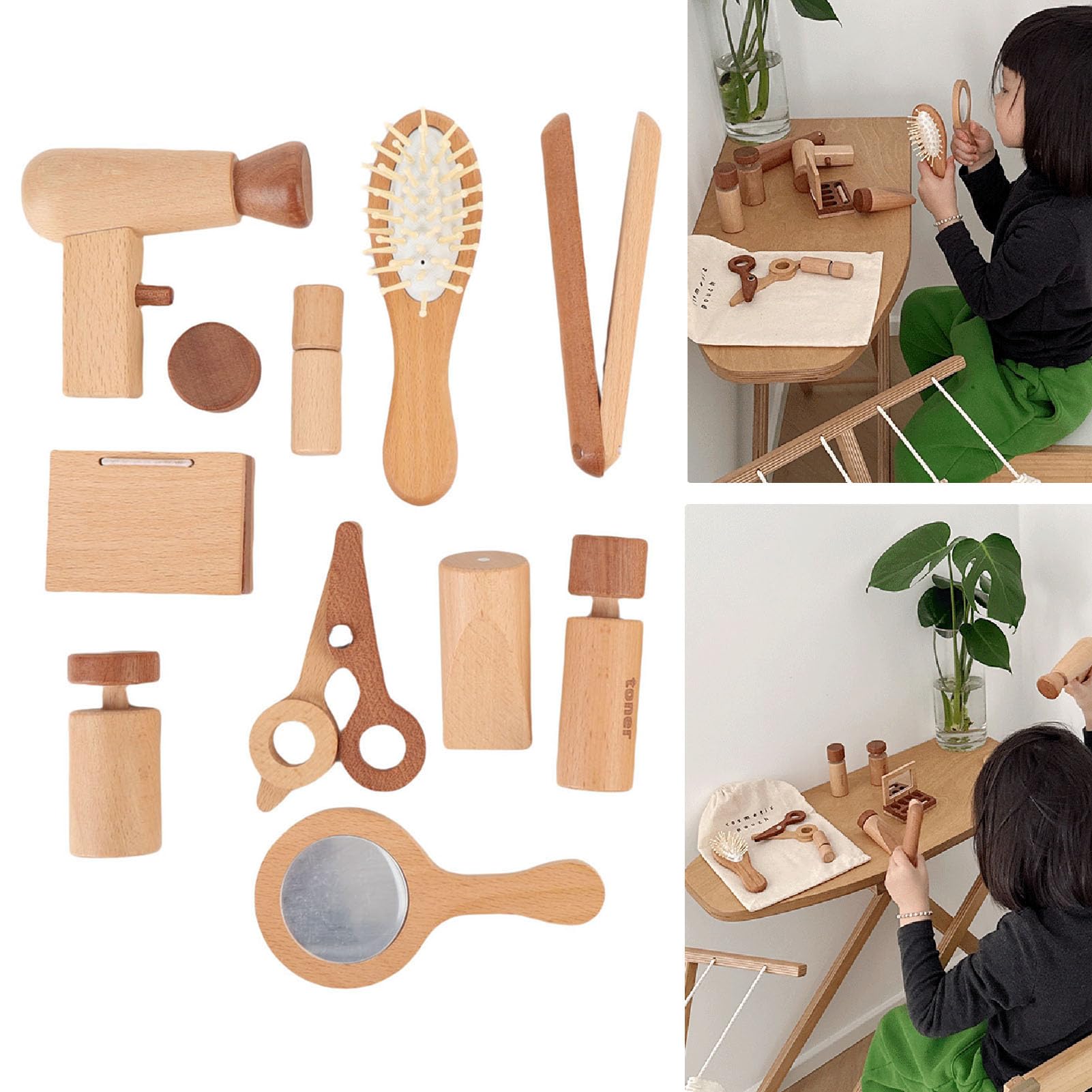 Juego de 11 juguetes de maquillaje de madera para juegos de rol creativos, bonito salón de belleza, con secador de pelo, espejo y accesorios para niñas