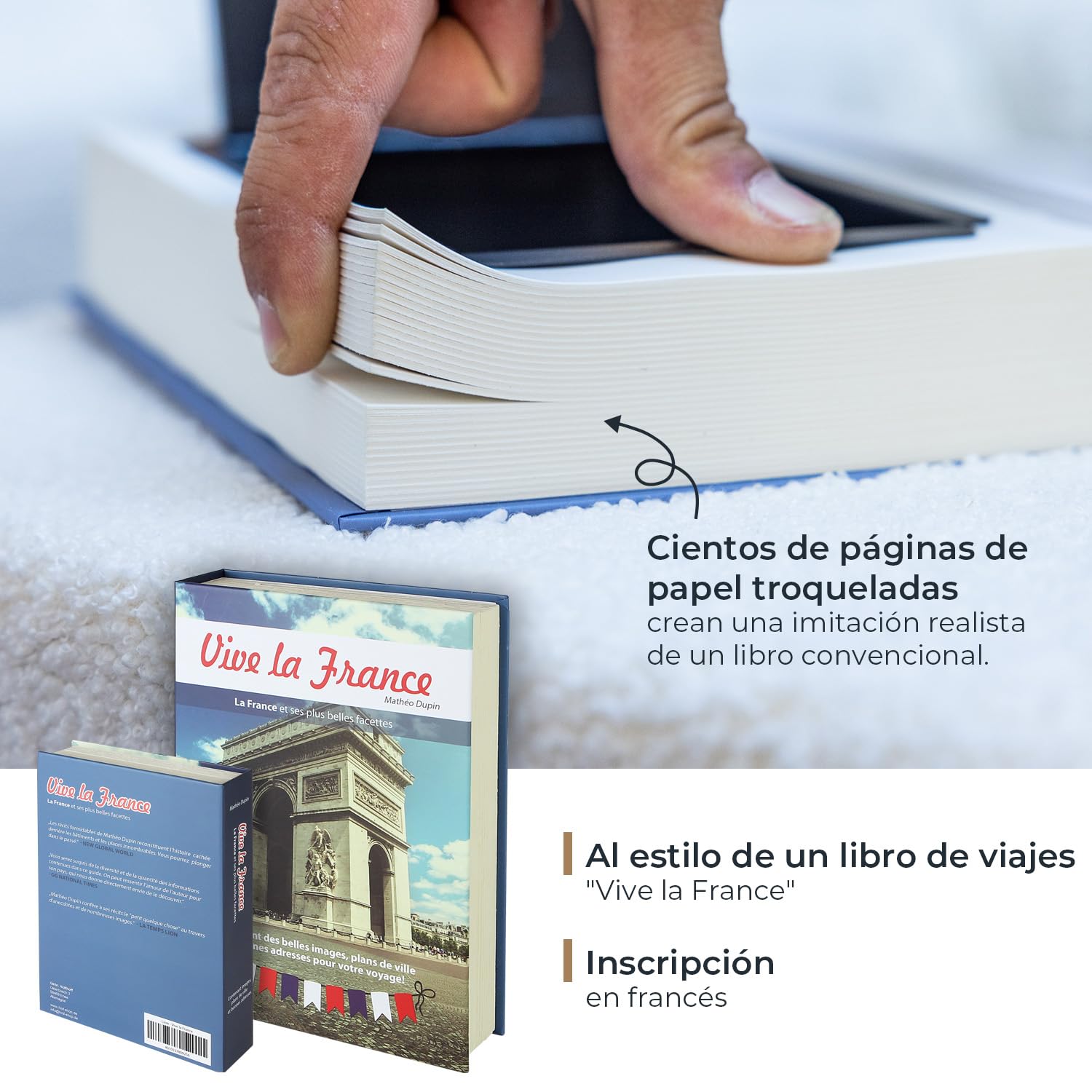 HMF 80925 caja fuerte en forma de libro, caja de caudales camuflada, páginas de papel auténticas, "Vive la France", 23 × 15 × 4 cm, rotulación en francés