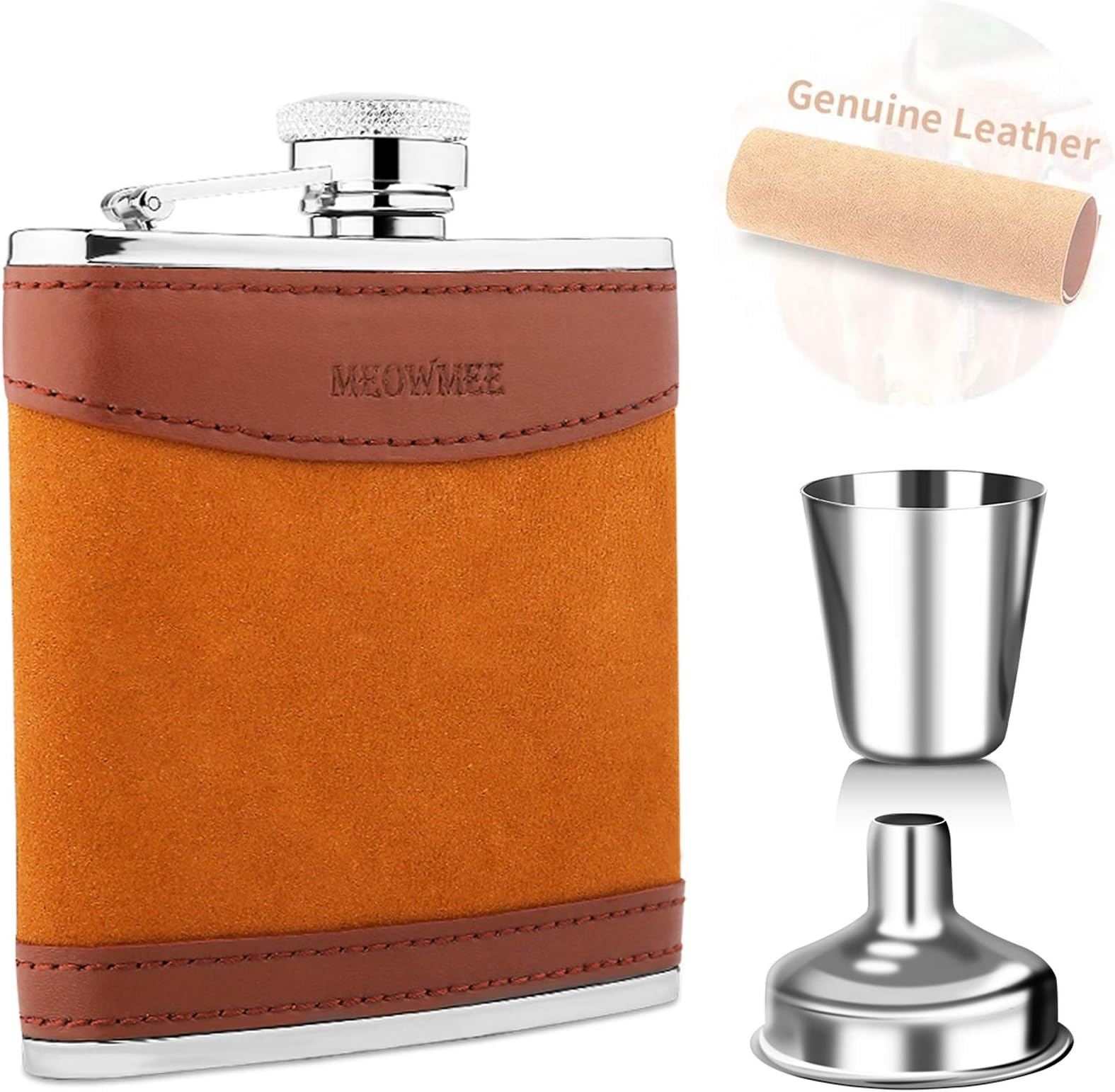 Stainless Steel Hip Flask Set, MEOWMEE Premier Leather Hip Flask with Funnel & Cup 304 Food-Grade Stainless Steel Flask for Whiskey/Vodka/Wine/Alcohol, 5 oz (Leather case)