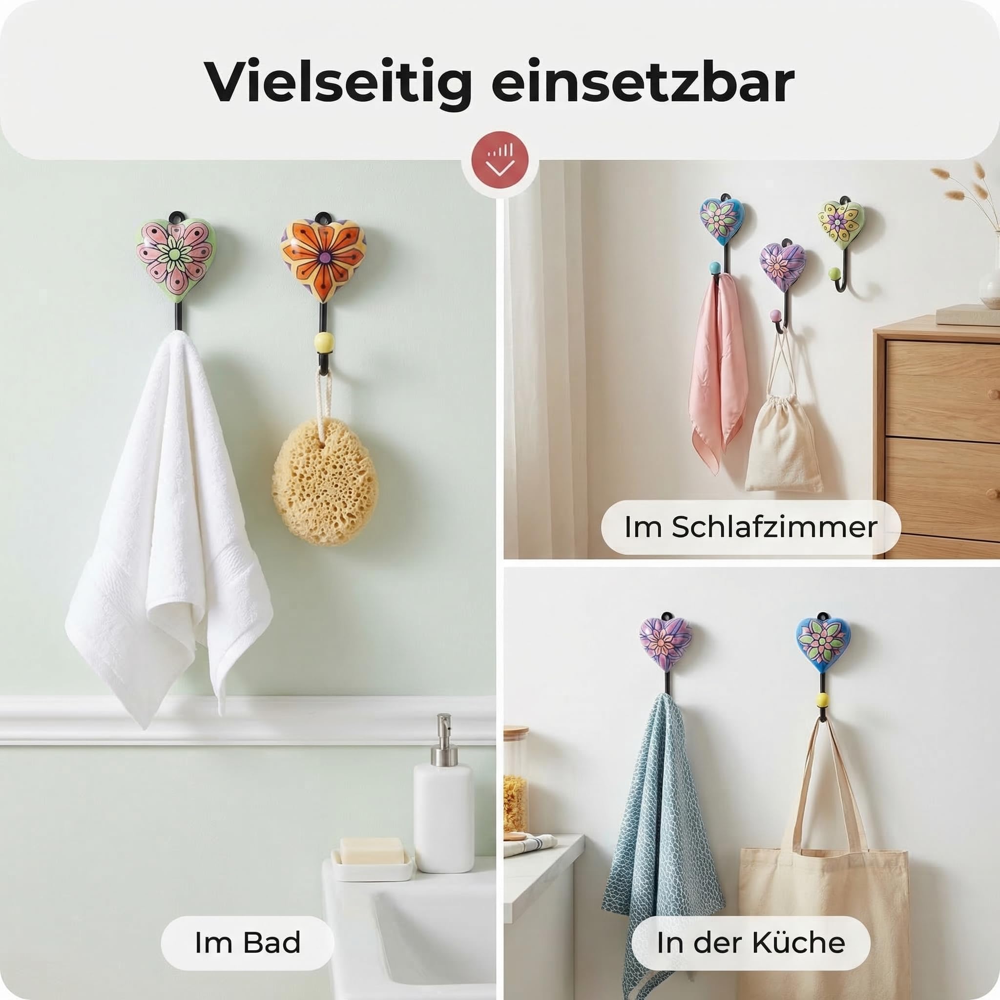 Wandhaken Herz aus Keramik und lackiertem Metall, handbemalt mit Blumenmuster, dekorative Garderobenhaken im Landhaus-/Boho-Look, kompakte Größe 13 x 7 x 3 cm, mehrfarbig, schwarz