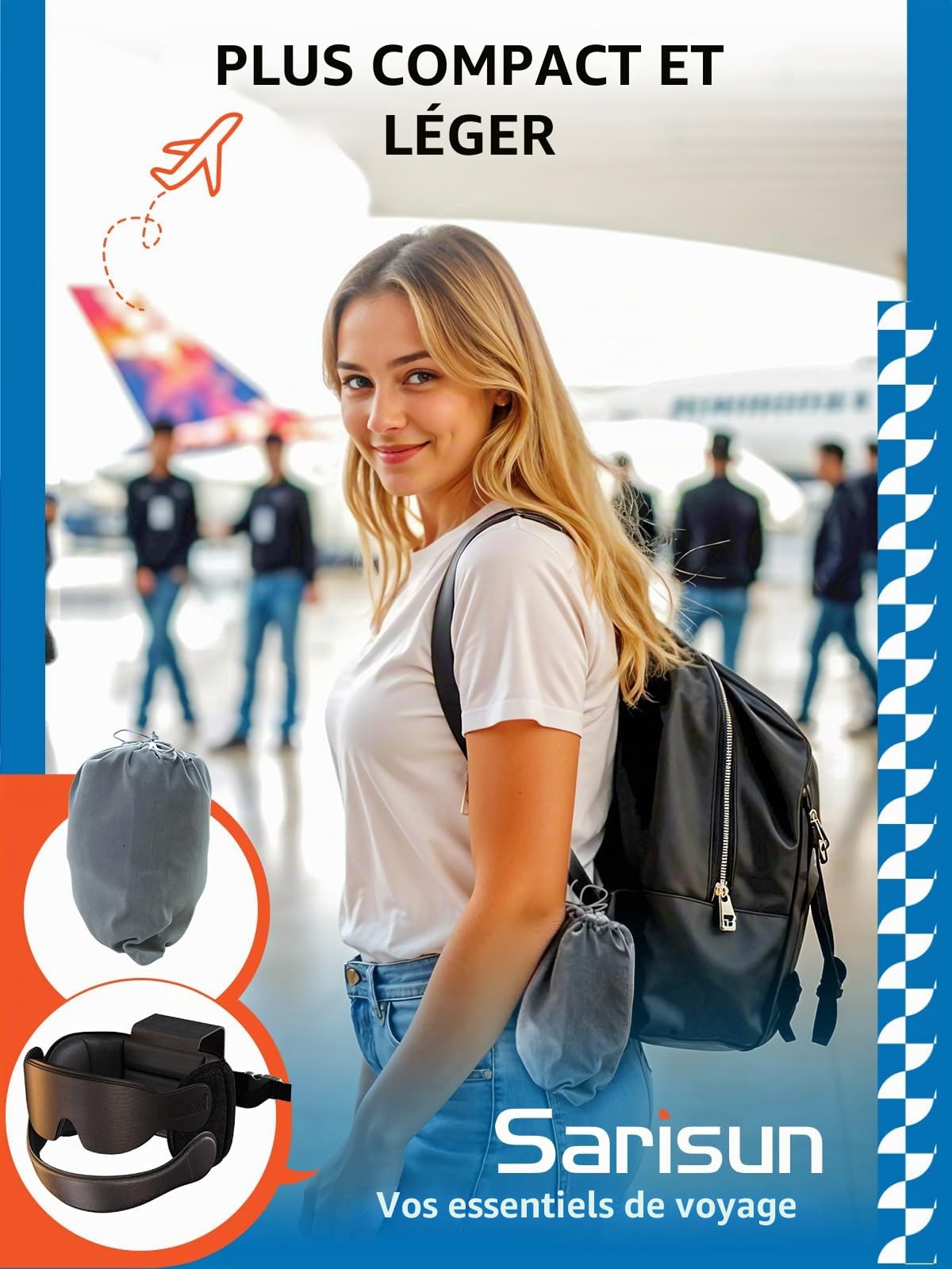 SARISUN Oreiller de Voyage avec mentonnière, Oreiller d'avion avec Masque de Sommeil 3D, Sangle de Maintien à 360° pour Tous Les sièges d'avion, indispensables pour Les Longs Vols, Noir