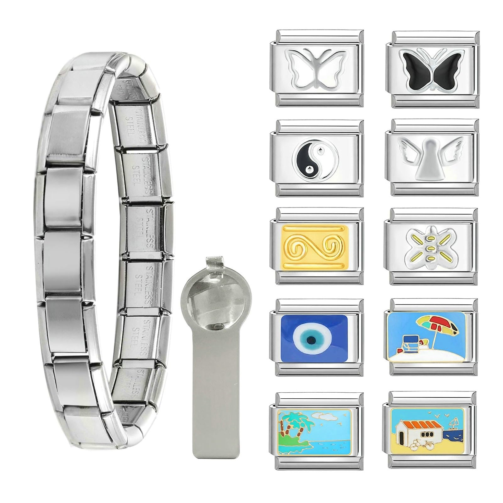 papasgixItalian Charm Bracelet Gold Silver Set with Starter Brascelet, Assorted Charms and Opening Tools, 9mm Modular Italian Charm Bracelet Links Handmade DIY Jewelry Gifts