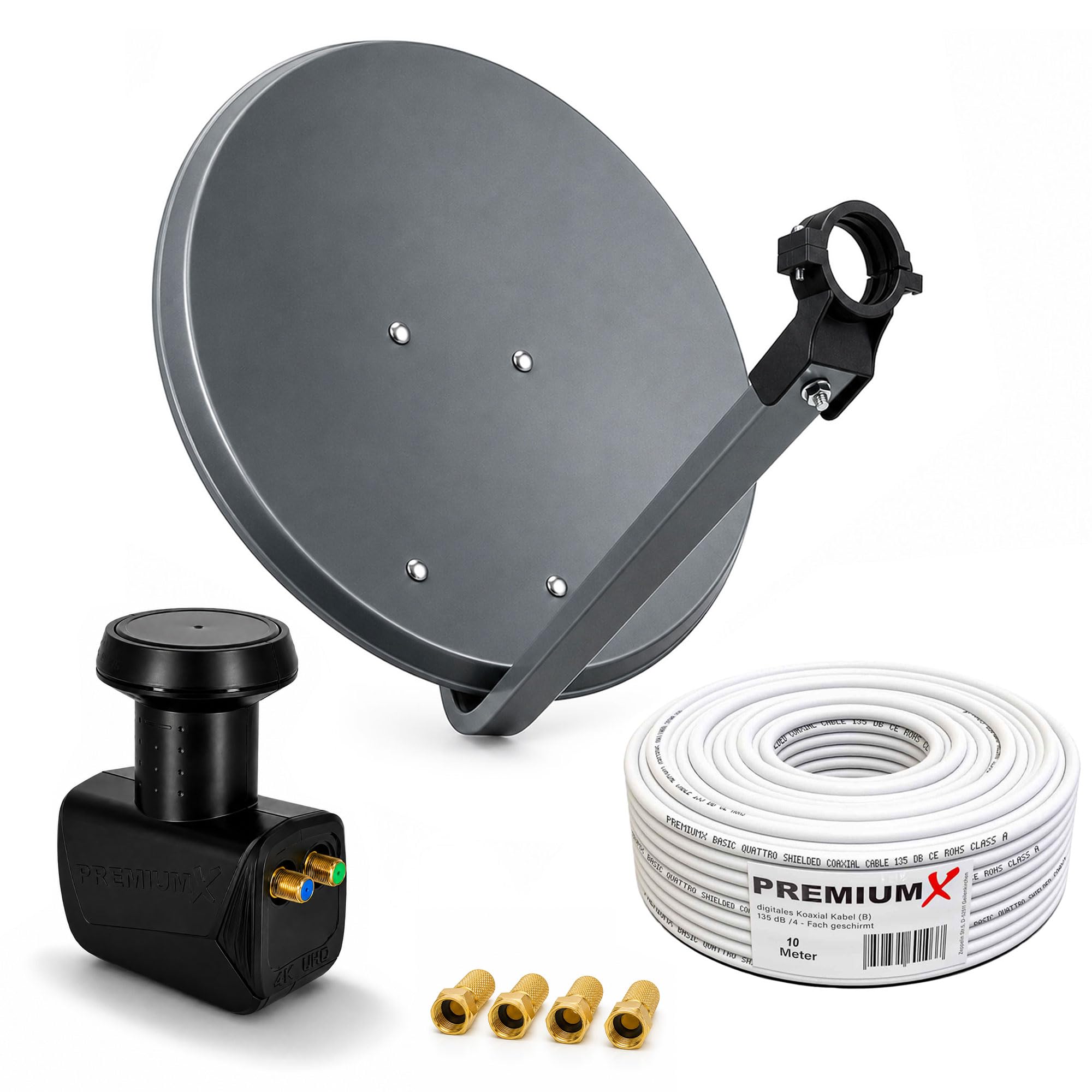 PremiumX Satelliten-Komplettanlage 45cm SAT Antenne SAT Schüssel Twin LNB 10m Koaxialkabel 4X F-Stecker 2 Teilnehmer