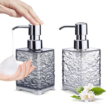 LELE LIFE 2 Pack Foaming Soap Dispenser - Acrylic Foaming Hand Soap Dispenser with Silver Pump, Luxury 10oz Refillable Bathroom Foam Bottle, Clear+Clear Grey,Square