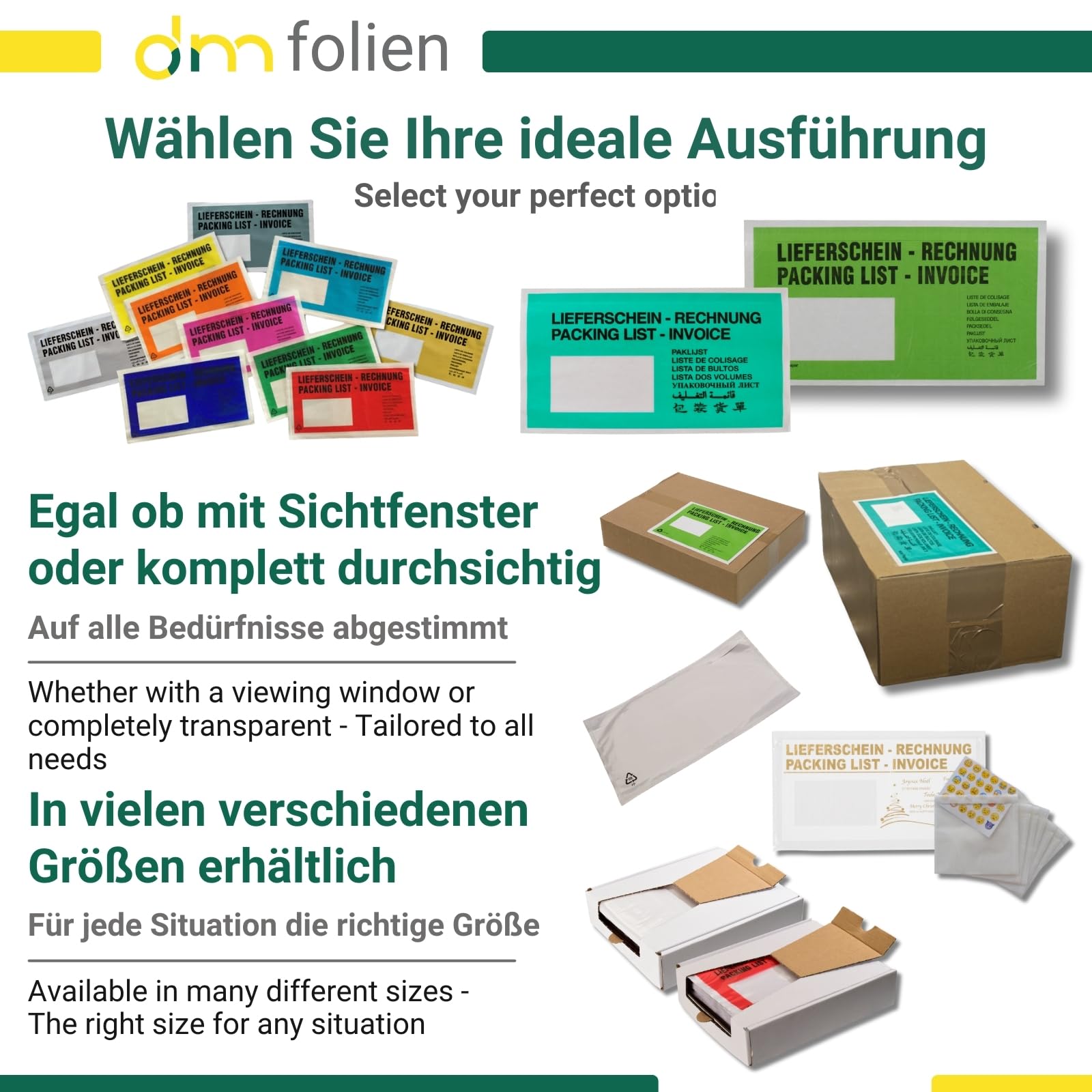 dm-folien Lieferscheintaschen DIN LANG I 1000 Stück I Selbstklebende Versandtaschen mit Aufdruck I Grünes Paketzubehör für Lieferscheine & Rechnungen I Versandzubehör aus Kraft-Papier