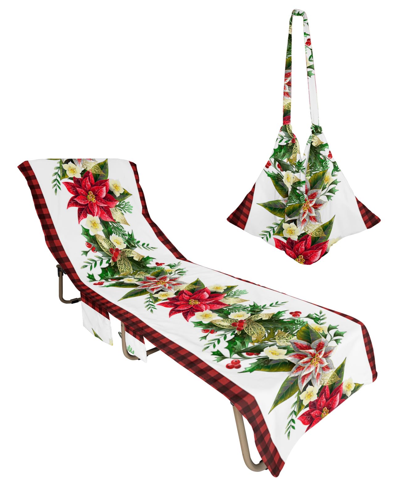 Christmas Poinsettia Beach Lounge Chair Towel Cover, Soft Chaise Lounge Towel with Side Pockets Patio Pool Chairs Cover for Beach/Pool Sunbathing 29x85 Xmas Botanical Floral Red Black Plaid