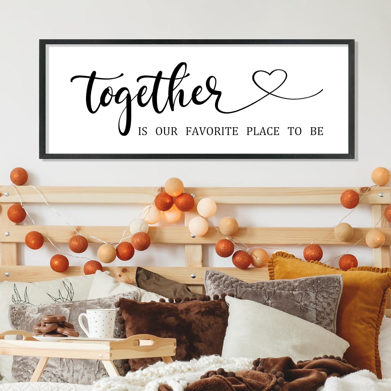 Couples Bedroom Decor Together is Our Favorite Place to Be Wall Art Sign | 40x15 Inch Black Wood Frame, Rustic Farmhouse Style, Above Bed Sign, Wedding Idea for Husband Wife, Ready to Hang